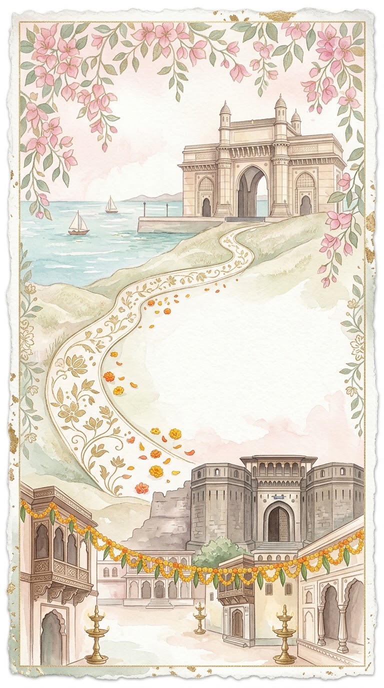 Watercolor of the Gateway of India leading along a path to a Pune wada