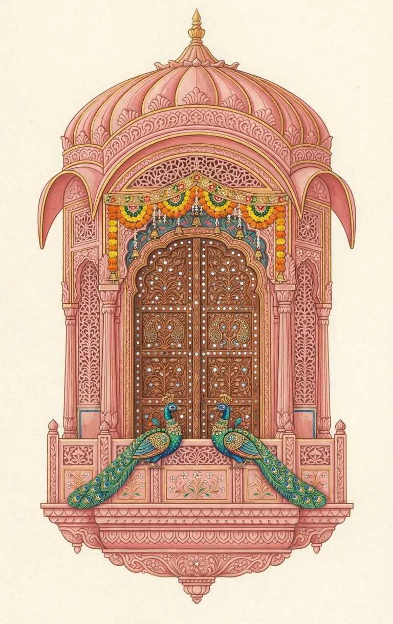A pink sandstone jharokha with carved, mirror-inlaid doors and two peacocks
