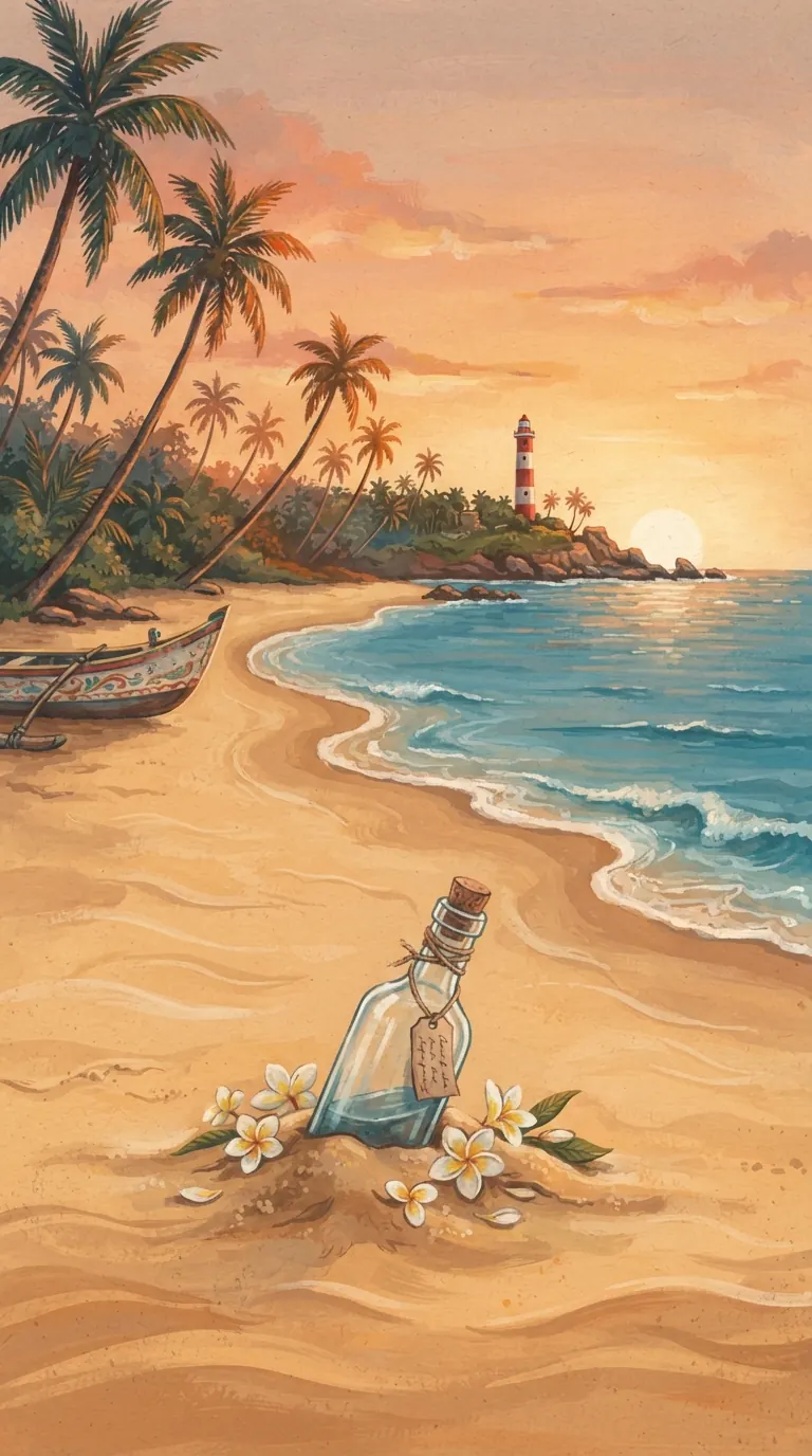 A Goa beach at golden hour: palms, a lighthouse, a fishing boat and a message bottle in the sand